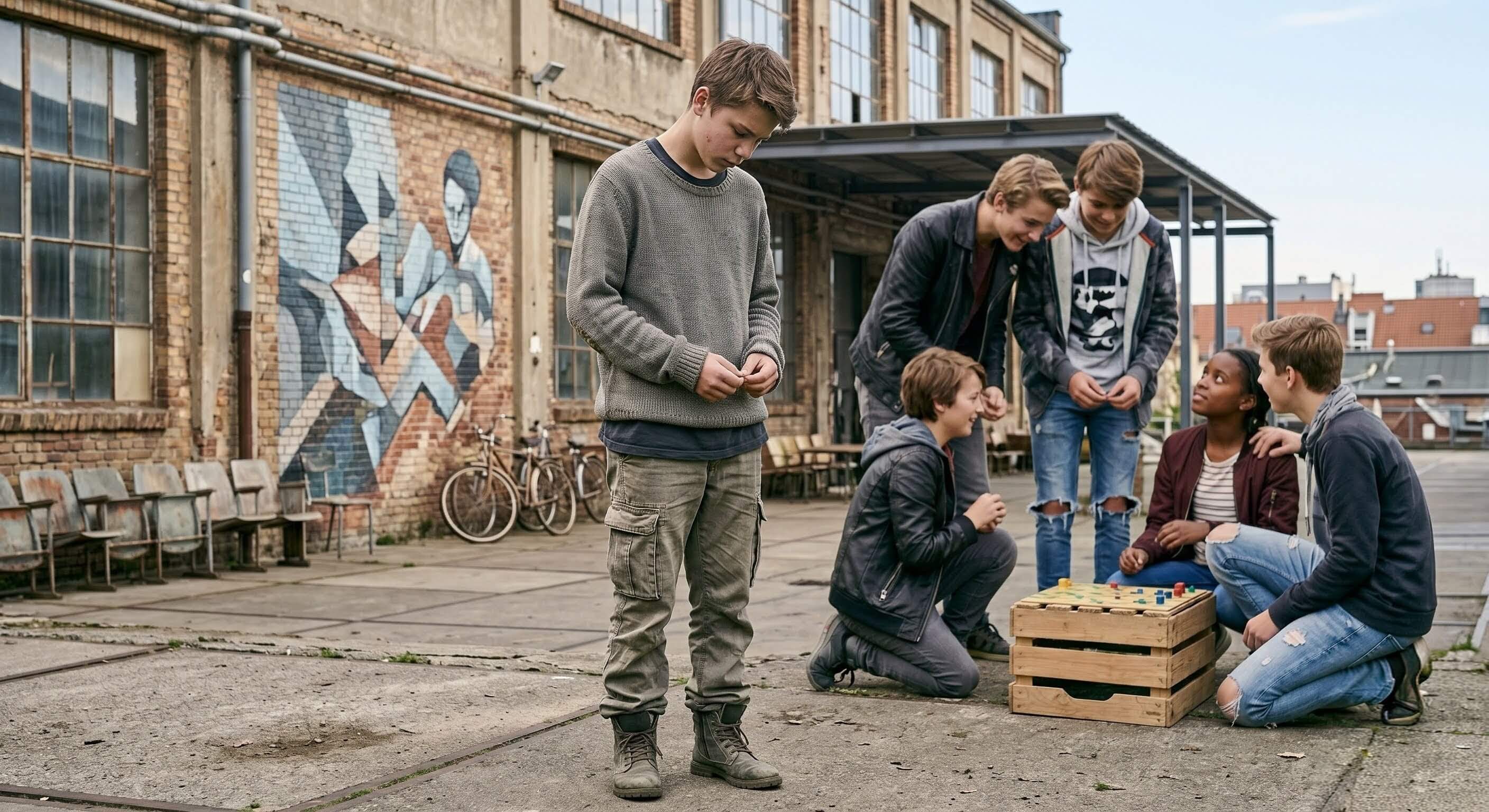 Kind staat alleen terwijl andere kinderen spelen — sociale uitsluiting